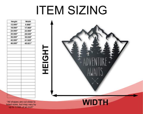 Adventure Mountains Metal Sign | Mountain Forest Wall Art | Indoor Outdoor | Up to 46" | Over 20 Color Options