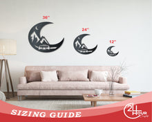 Load image into Gallery viewer, Metal Camper Moon Sign | Metal Adventure Wall Art | Indoor Outdoor | Up to 46&quot; | Over 20 Color Options
