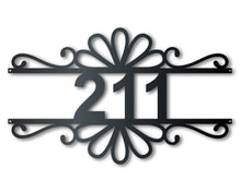 Load image into Gallery viewer, Custom Metal Flourish Address Wall Art | House Number Sign | Indoor Outdoor | Up to 46&quot; | Over 20 Color Options
