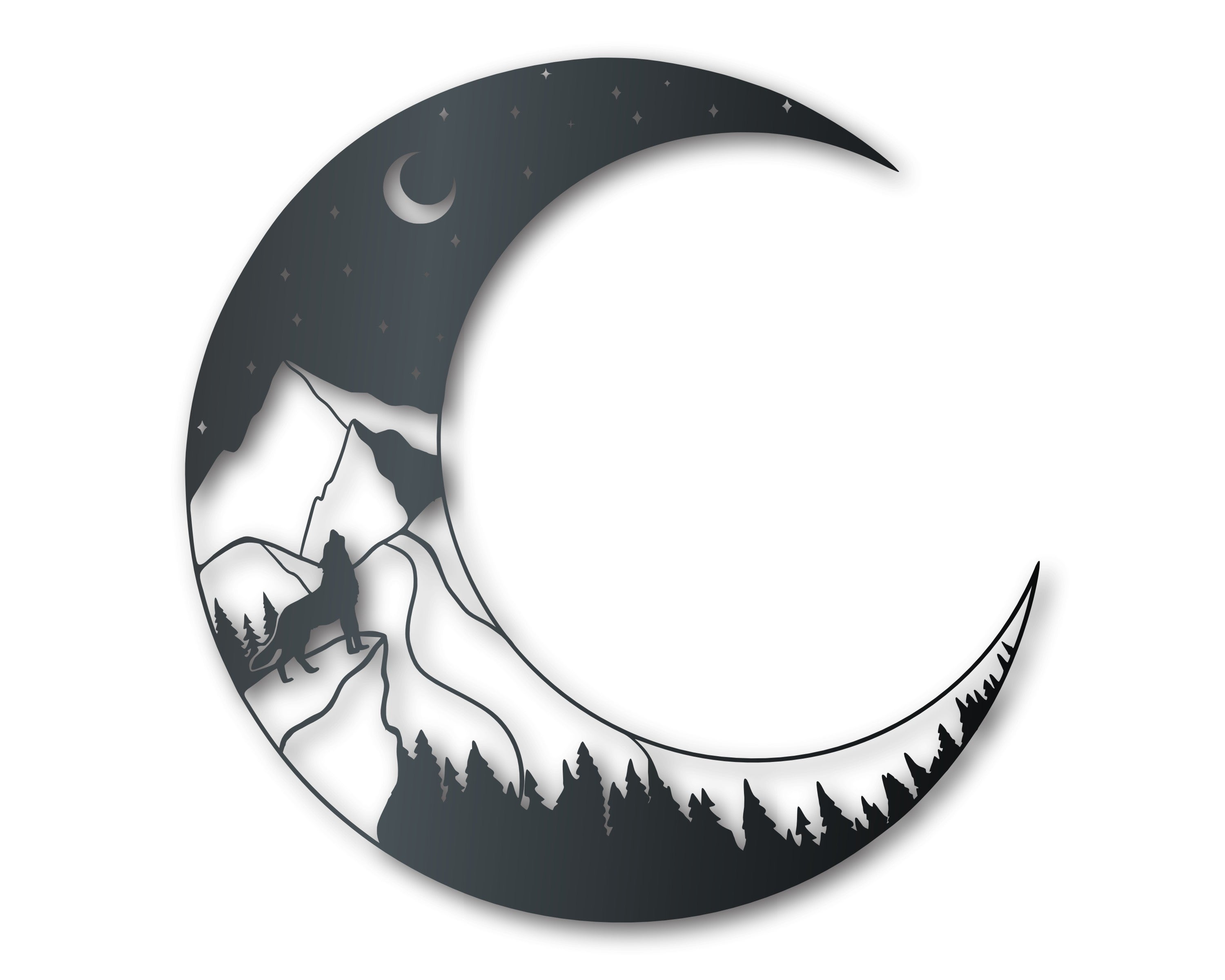 Metal Crescent Wolf Moon Wall Art | Metal Mountain Decor | Indoor Outdoor | Up to 46