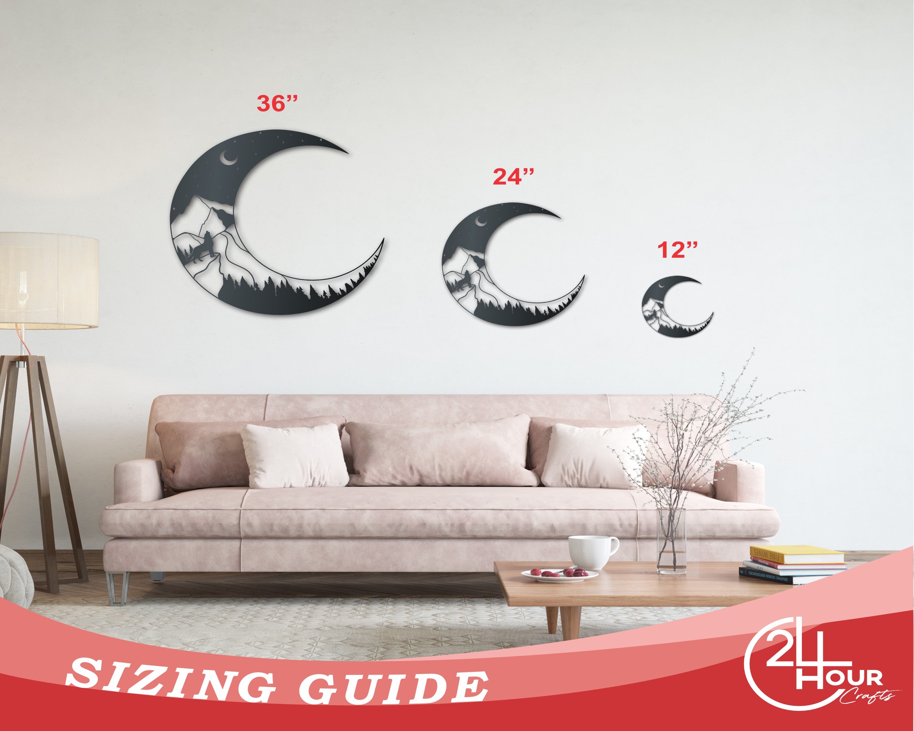 Metal Crescent Wolf Moon Wall Art | Metal Mountain Decor | Indoor Outdoor | Up to 46