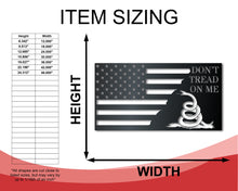 Load image into Gallery viewer, Metal Don&#39;t Tread on Me Wall Art | American Flag Sign | Indoor Outdoor | Up to 46&quot; | Over 20 Color Options
