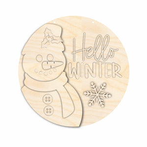 Unfinished Wood Hello Winter Snowman Door Sign Kit | Wood Craft Cutouts | 1/4" Thick |