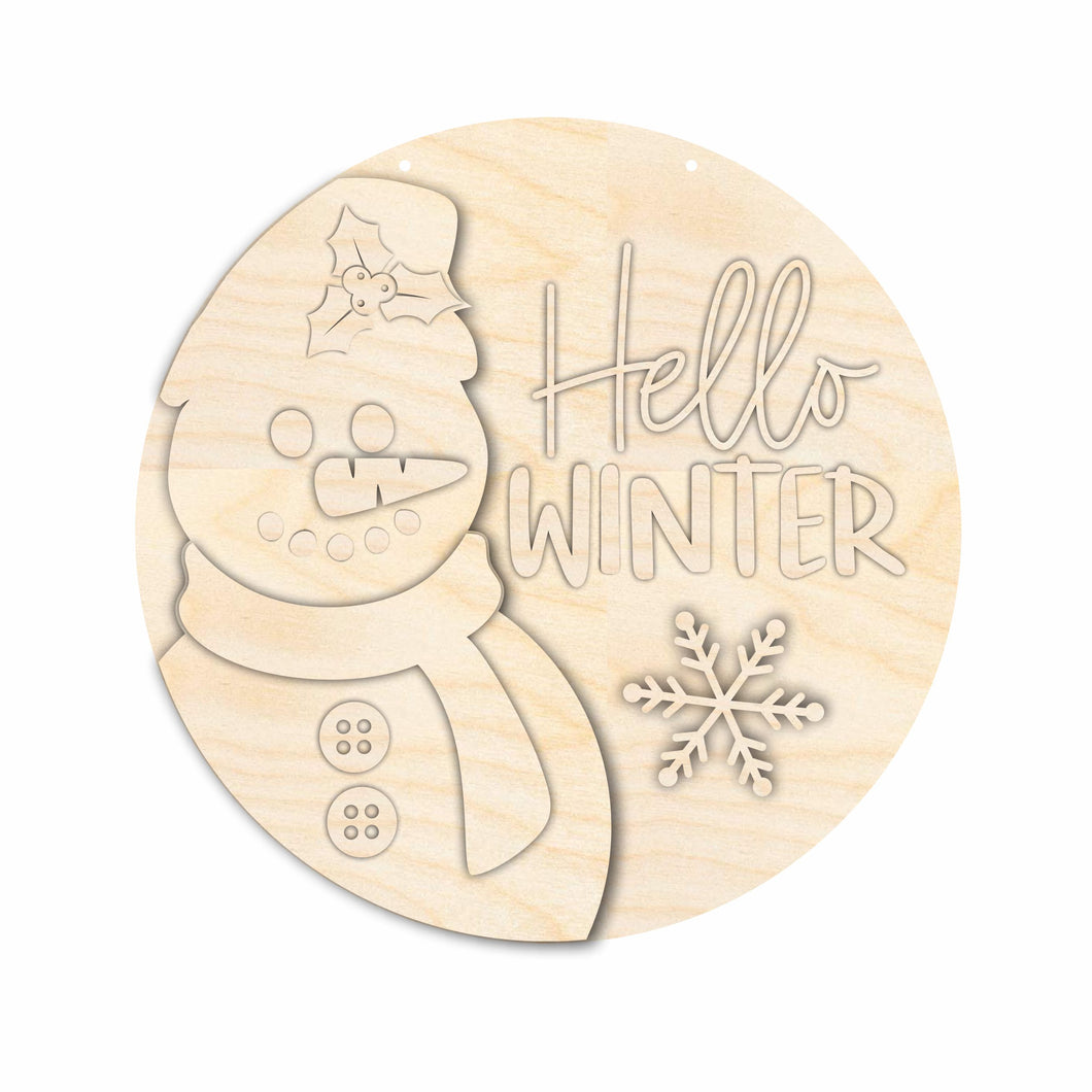 Unfinished Wood Hello Winter Snowman Door Sign Kit | Wood Craft Cutouts | 1/4