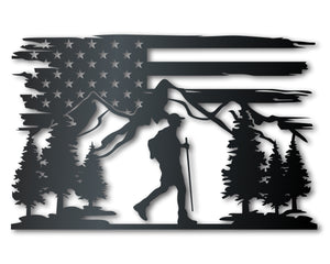 Hiking USA Metal Sign | Patriotic Mountain Wall Art | Indoor Outdoor | Up to 46" | Over 20 Color Options