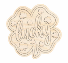 Load image into Gallery viewer, Unfinished Wood Four Leaf Clover Lucky Door Sign Kit | Wood Craft Cutouts | 1/4&quot; Thick |
