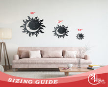 Load image into Gallery viewer, Metal Sun and Moon Sign | Celestial Garden Wall Art | Indoor Outdoor | Up to 46&quot; | Over 20 Color Options
