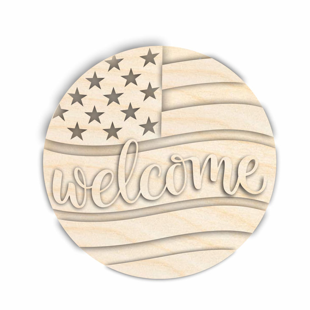 Unfinished Wood Welcome USA Flag Door Sign Kit | Wood Craft Cutouts | 1/4