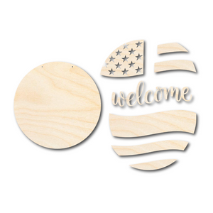 Unfinished Wood Welcome USA Flag Door Sign Kit | Wood Craft Cutouts | 1/4" Thick |