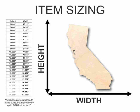 Unfinished Wooden California Shape - State - Craft - up to 24" DIY-24 Hour Crafts
