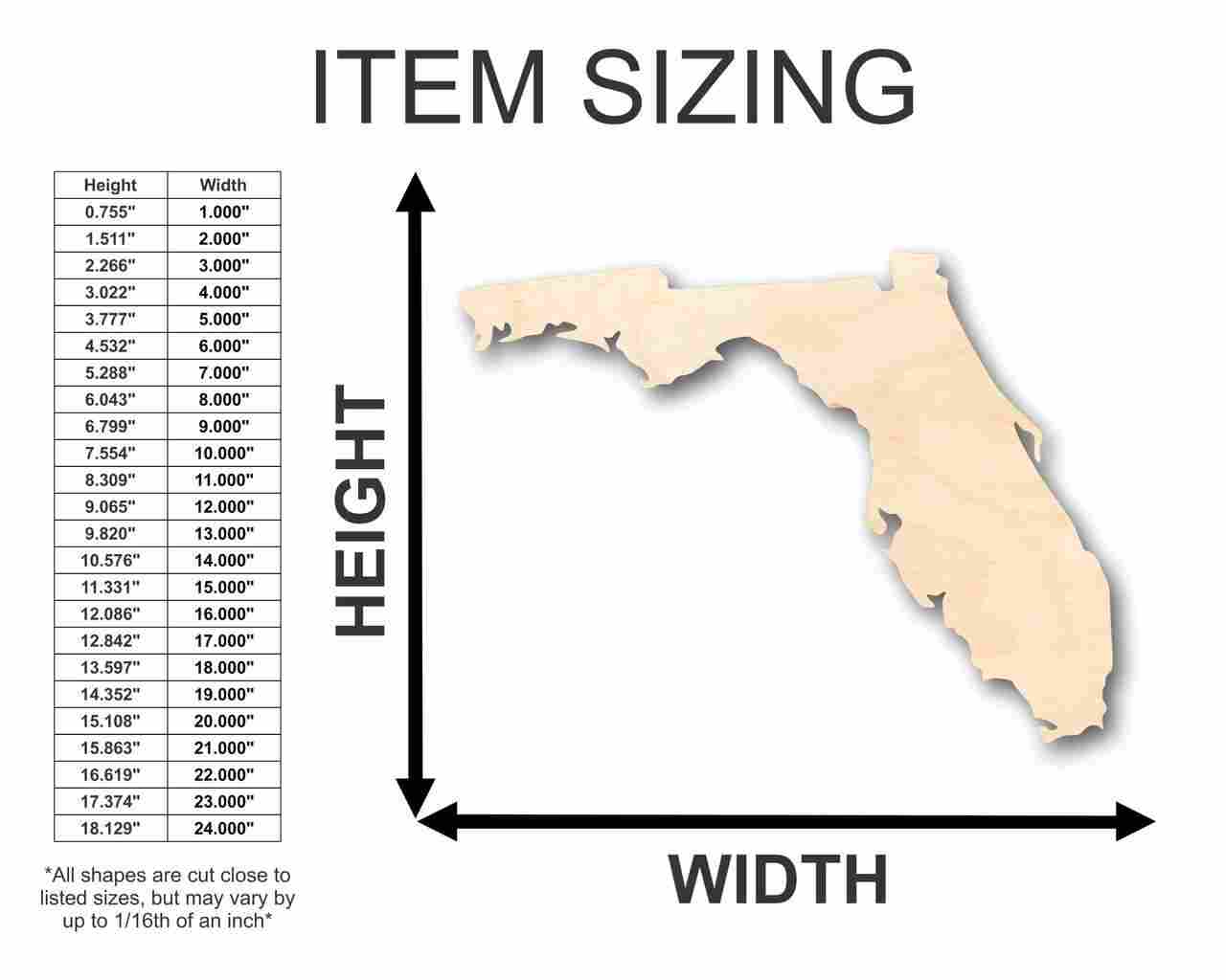 Unfinished Wooden Florida Shape - State - Craft - up to 24" DIY-24 Hour Crafts