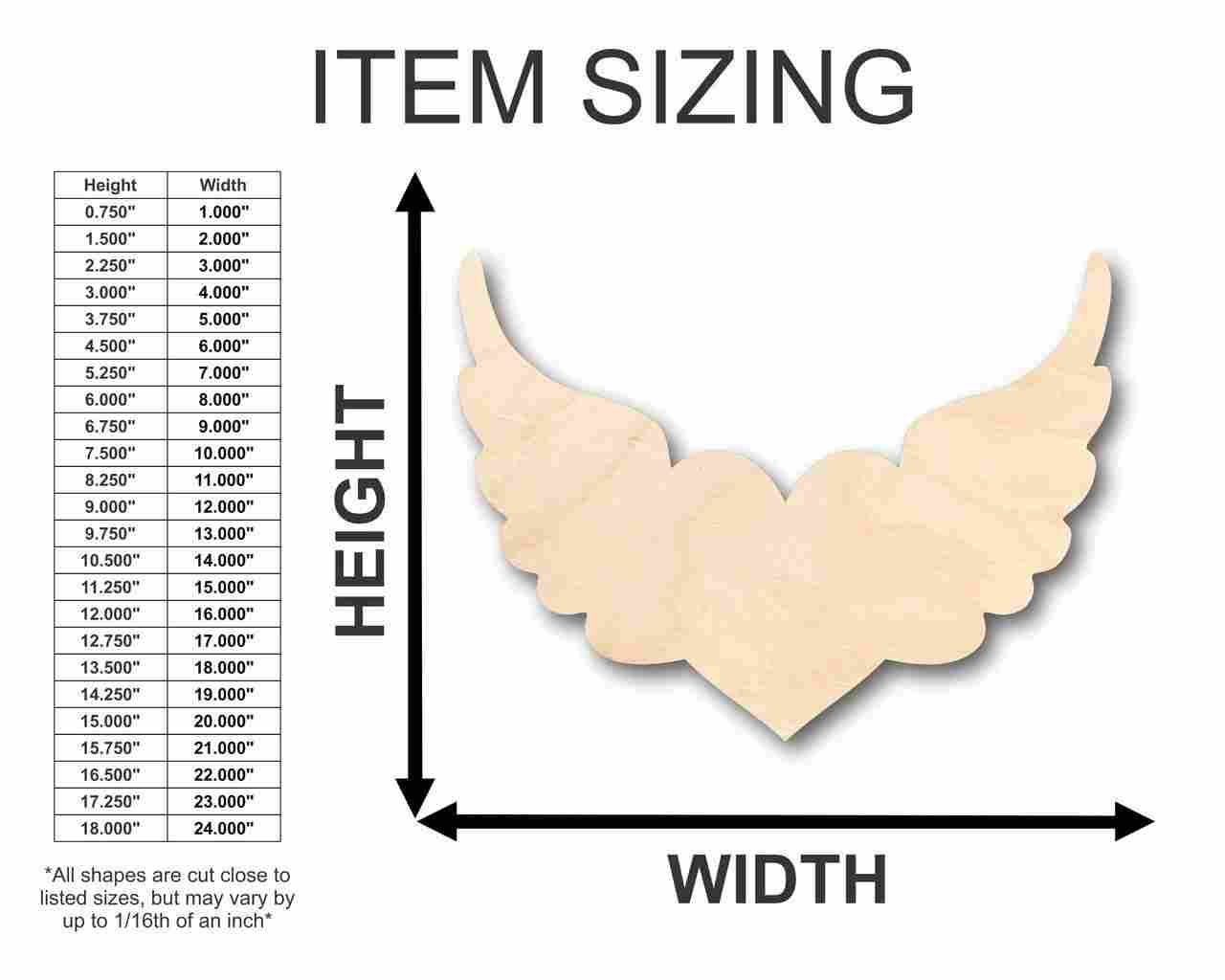 Unfinished Wooden Cutout Craft Winged Heart Shape up to 24