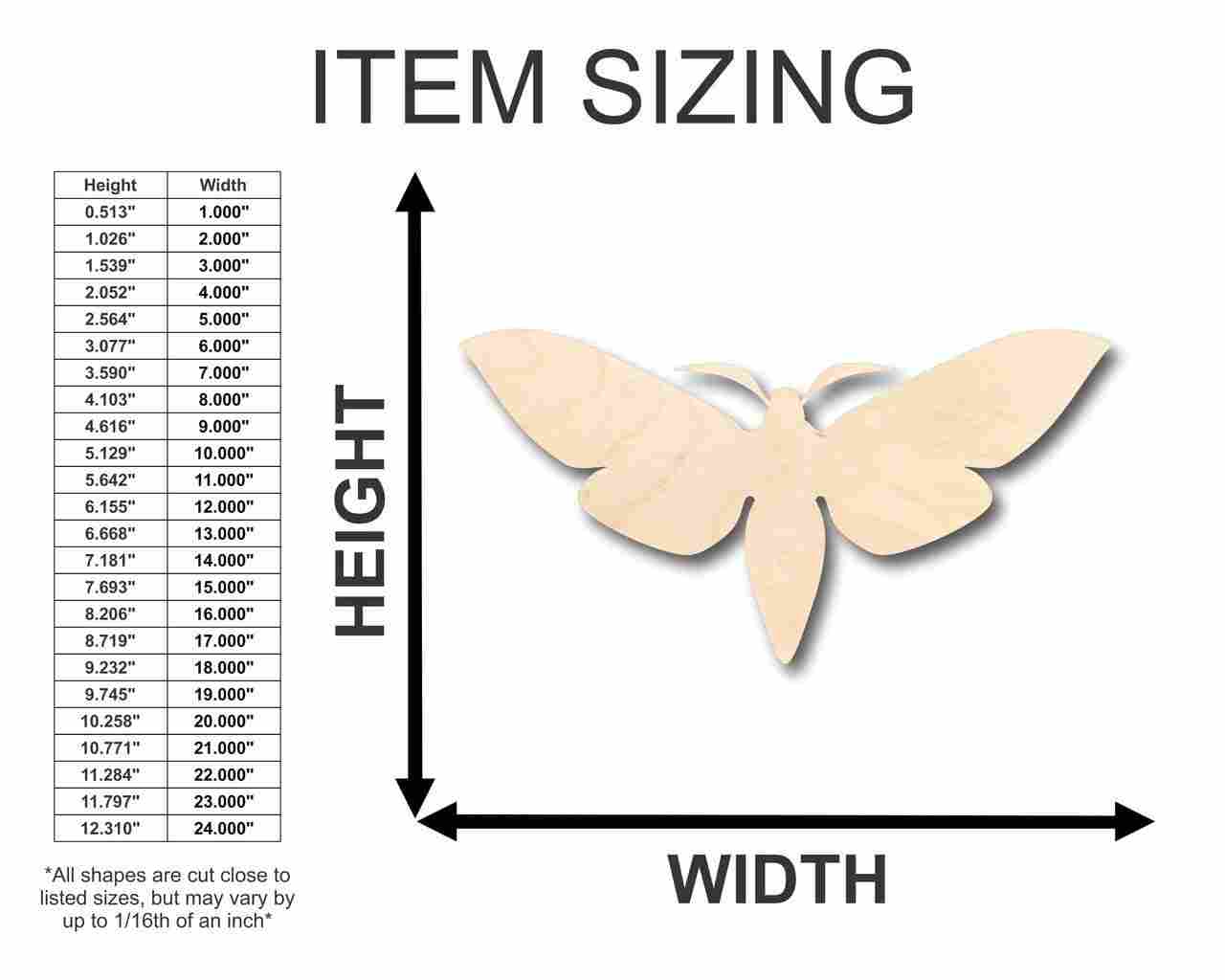 Unfinished Wooden Moth Shape - Insect - Craft - up to 24