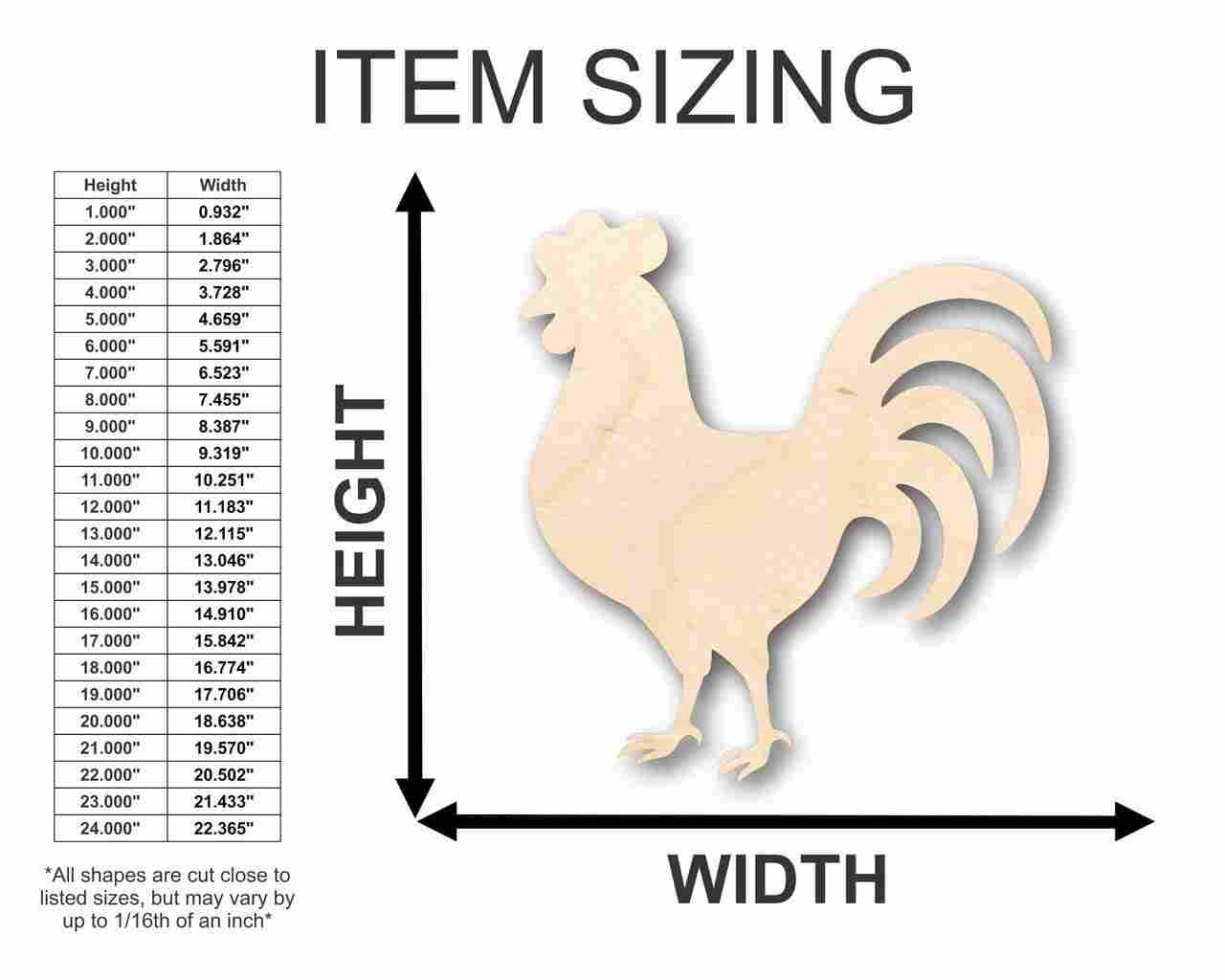 Unfinished Wooden Rooster Chicken Shape - Farm Animal - Craft - up to 24