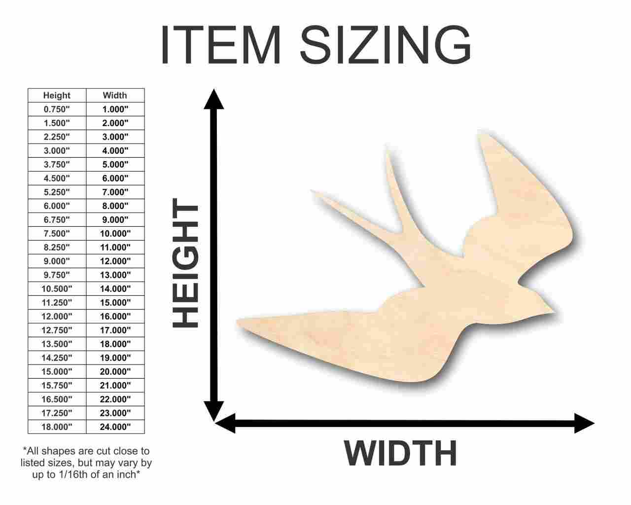 Unfinished Wooden Swallow Shape - Bird Animal - Craft - up to 24