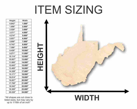Unfinished Wooden West Virginia Shape - State - Craft - up to 24" DIY-24 Hour Crafts