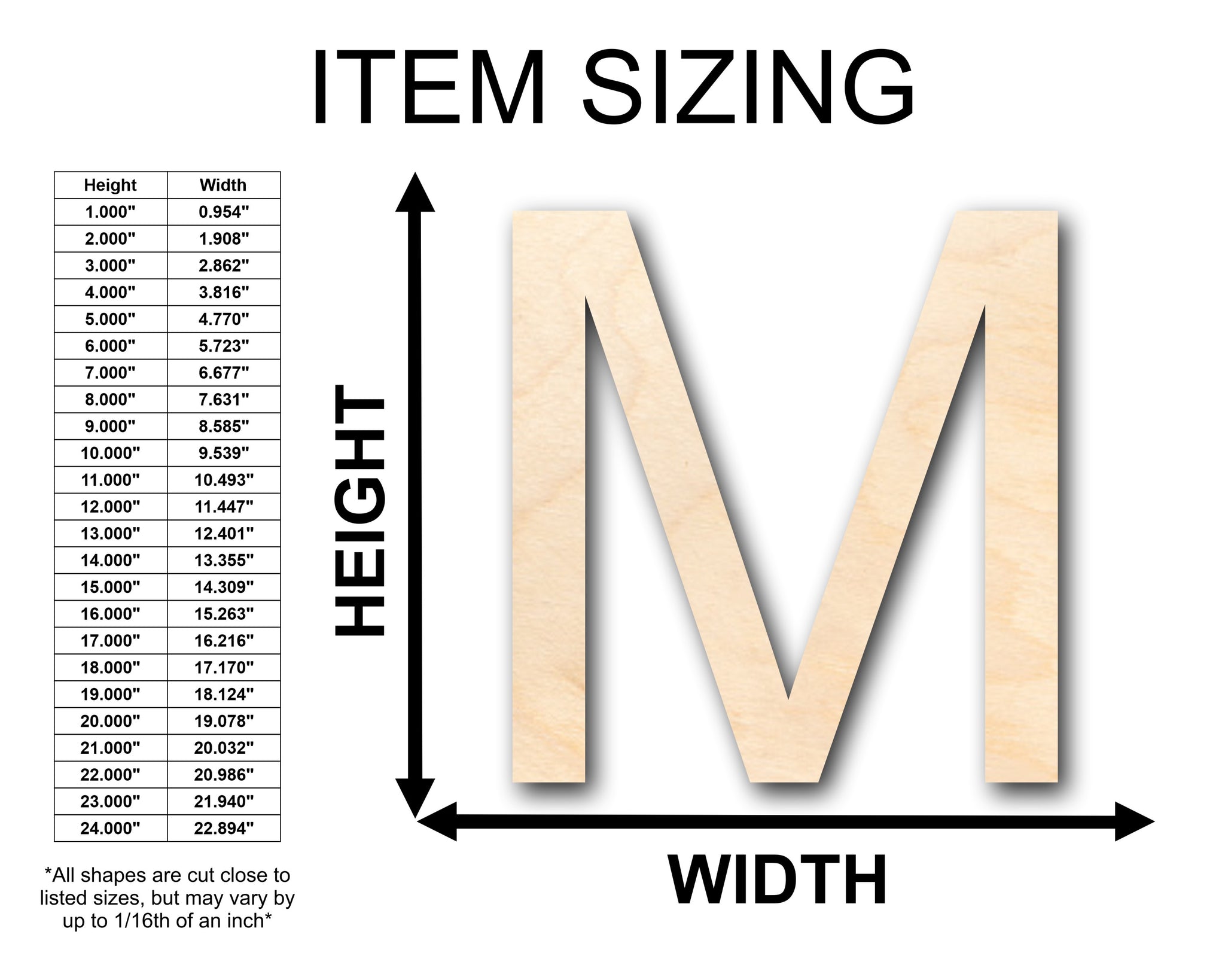 Unfinished Wood Arial Letter M Shape - Craft - up to 46