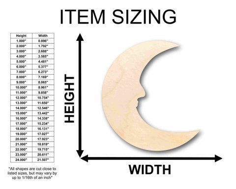 Unfinished Wood Crescent Moon with Face Outline Silhouette - Craft- up to 24" DIY