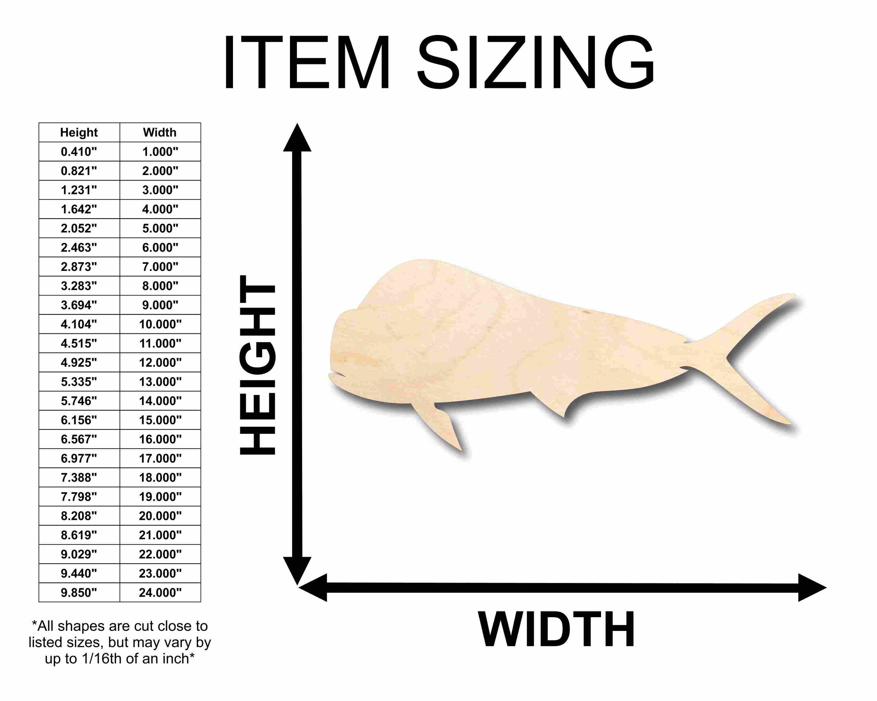 Unfinished Wood Mahi Fish Silhouette - Craft- up to 24