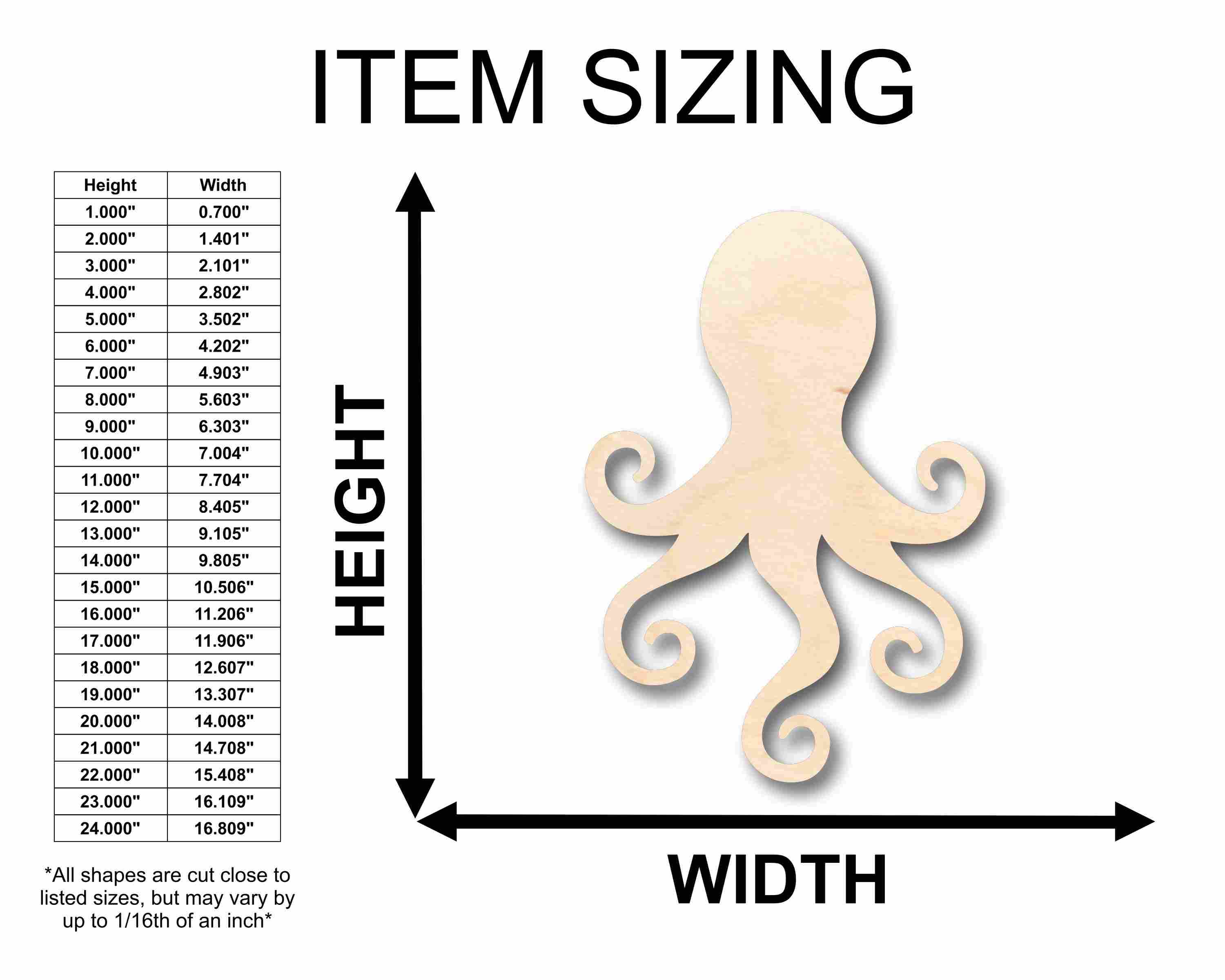 Unfinished Wood Octopus Silhouette - Craft- up to 24