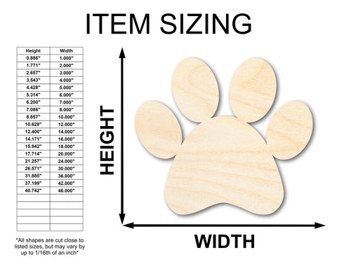 Unfinished Wood Paw Print Shape - Pet Craft - up to 36