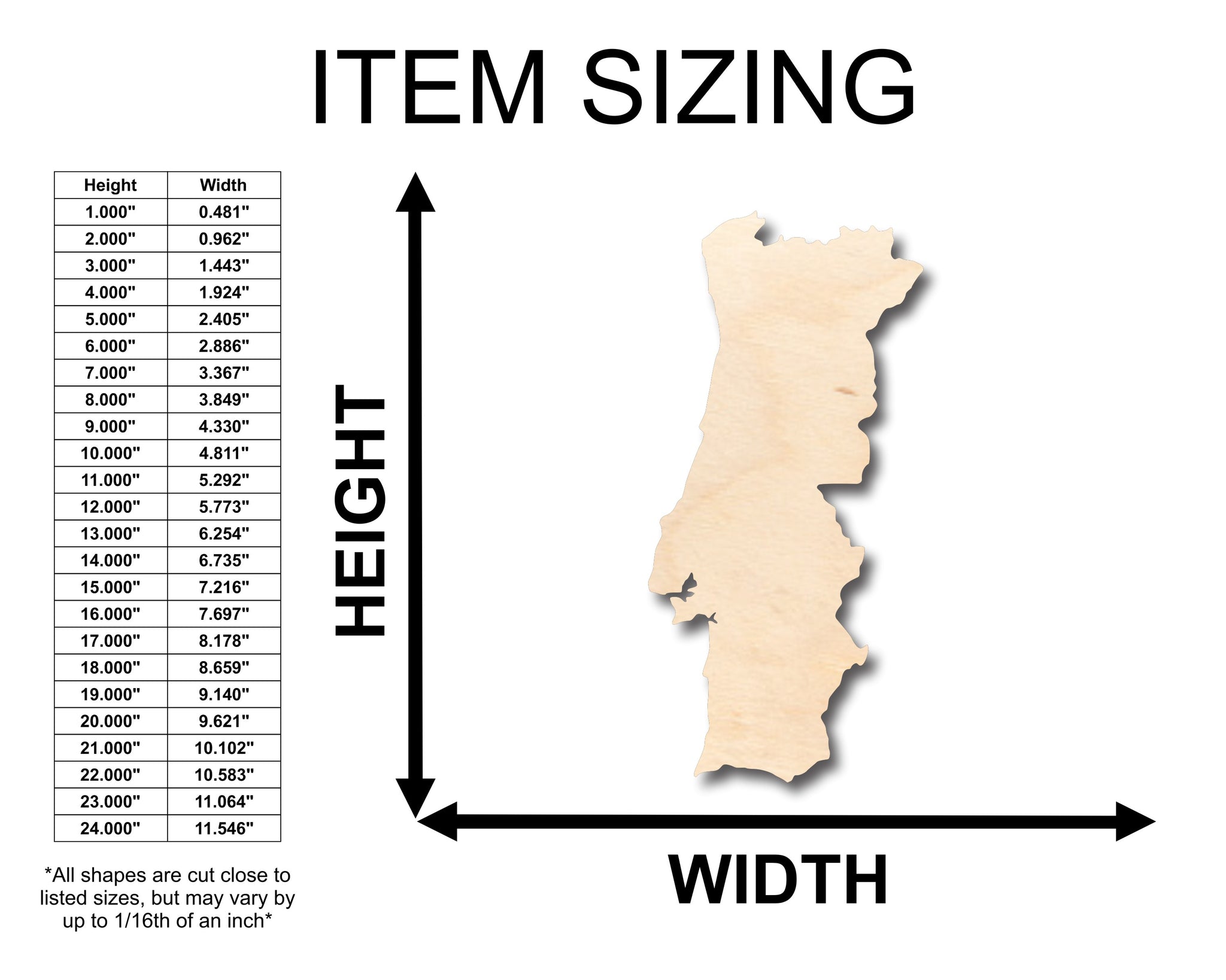 Unfinished Wood Portugal Country Shape Craft up to 36