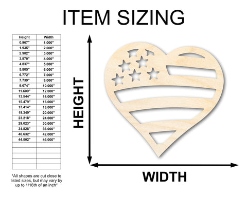 Unfinished Wood American Heart Flag Shape - USA Craft - up to 36"