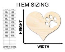 Load image into Gallery viewer, Unfinished Wood Pawprint Heart Shape | Valentine&#39;s Day | Pet | DIY Craft Cutout | Up to 46&quot;
