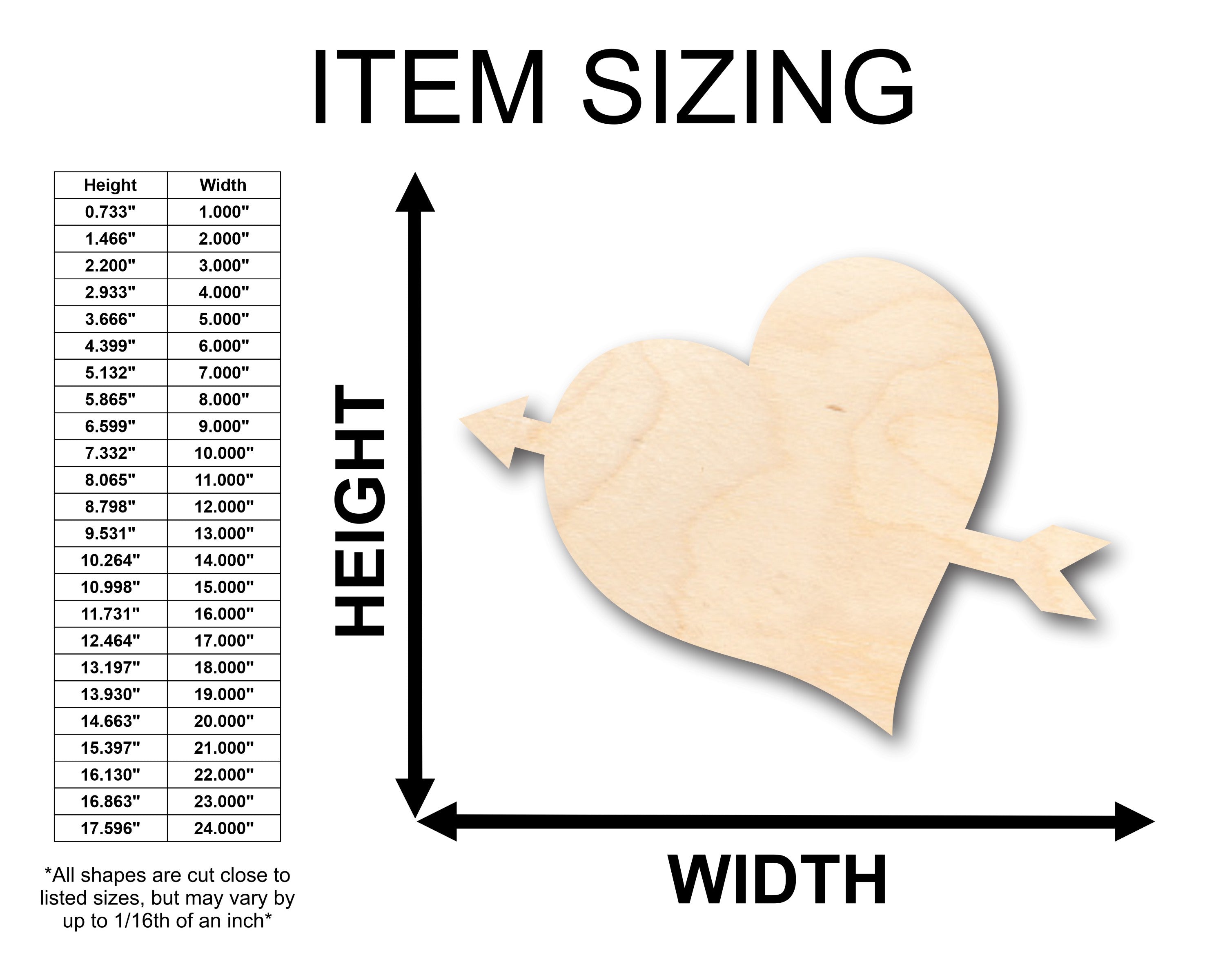 Unfinished Wood Heart Arrow Shape - Craft - up to 36