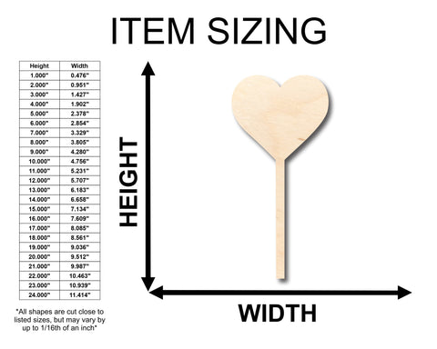 Unfinished Wood Heart Stick Lolipop Shape - Craft - up to 36" DIY