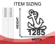Load image into Gallery viewer, Custom Metal Anchor Address Sign | Metal Nautical House Sign | Indoor Outdoor | Up to 46&quot; | Over 20 Color Options
