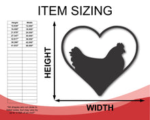 Load image into Gallery viewer, Metal Chicken Heart Silhouette | Metal Chicken and Heart Wall Sign | 15 Color Options
