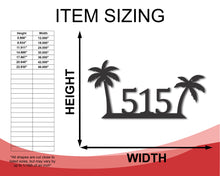 Load image into Gallery viewer, Metal Tropical House Number Sign | Metal Palm Tree Address Sign | 15 Color Options
