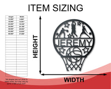 Load image into Gallery viewer, Custom Metal Basketball Hoop Wall Art - Metal Sports Sign - 14 Color Options
