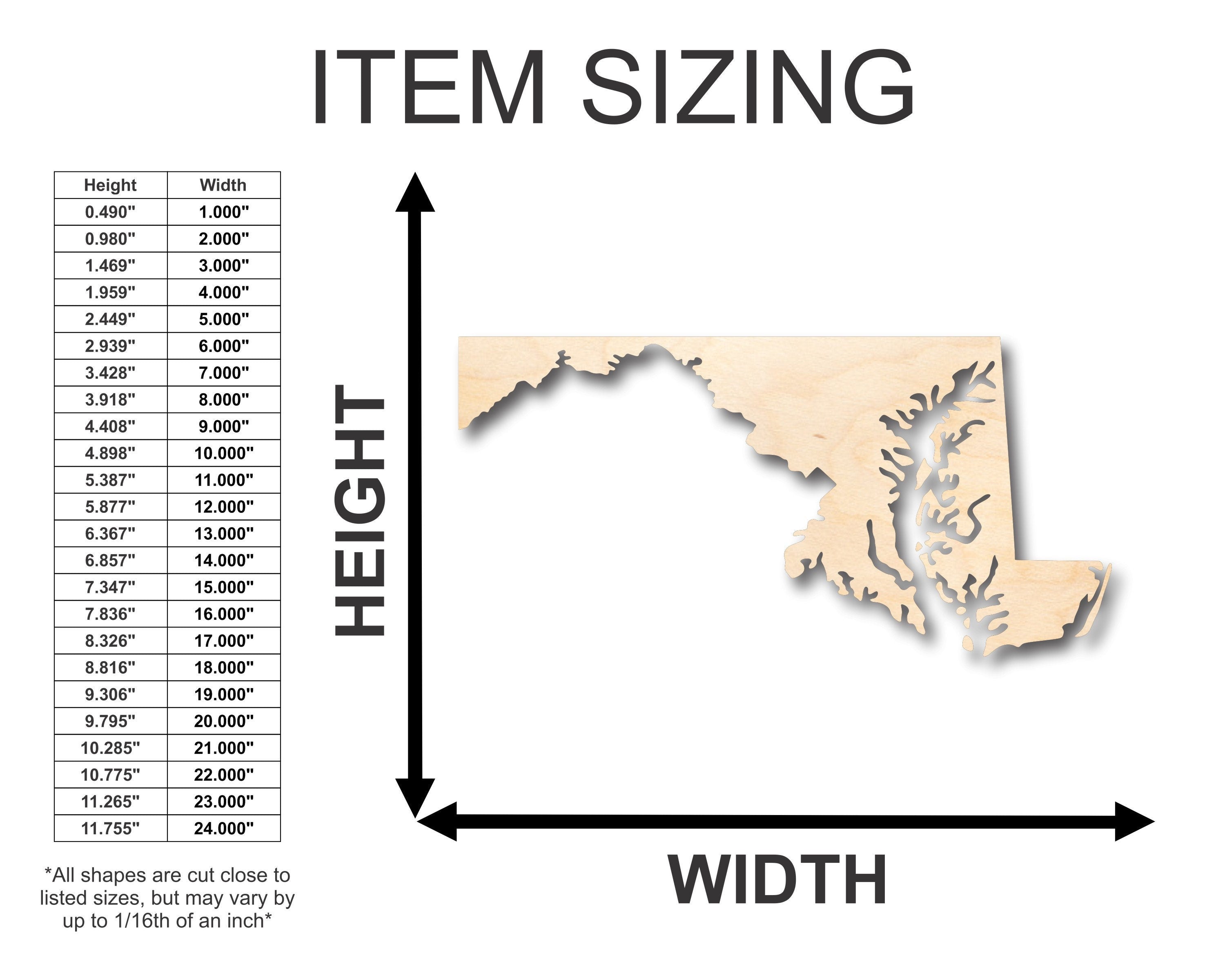 Unfinished Wooden Maryland Shape - State - Craft - up to 24"  DIY