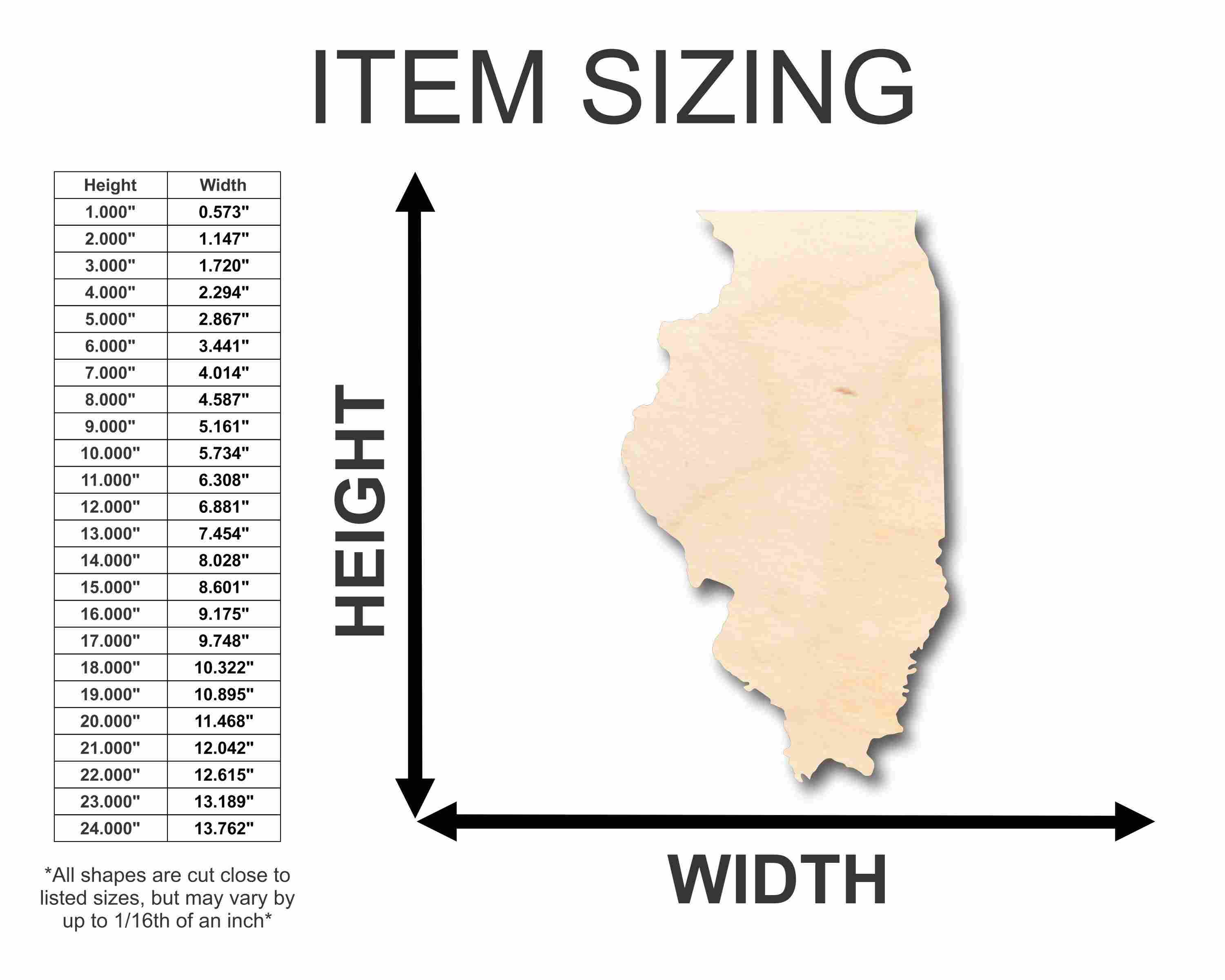 Unfinished Wooden Illinois Shape - State - Craft - up to 24&quot;  DIY