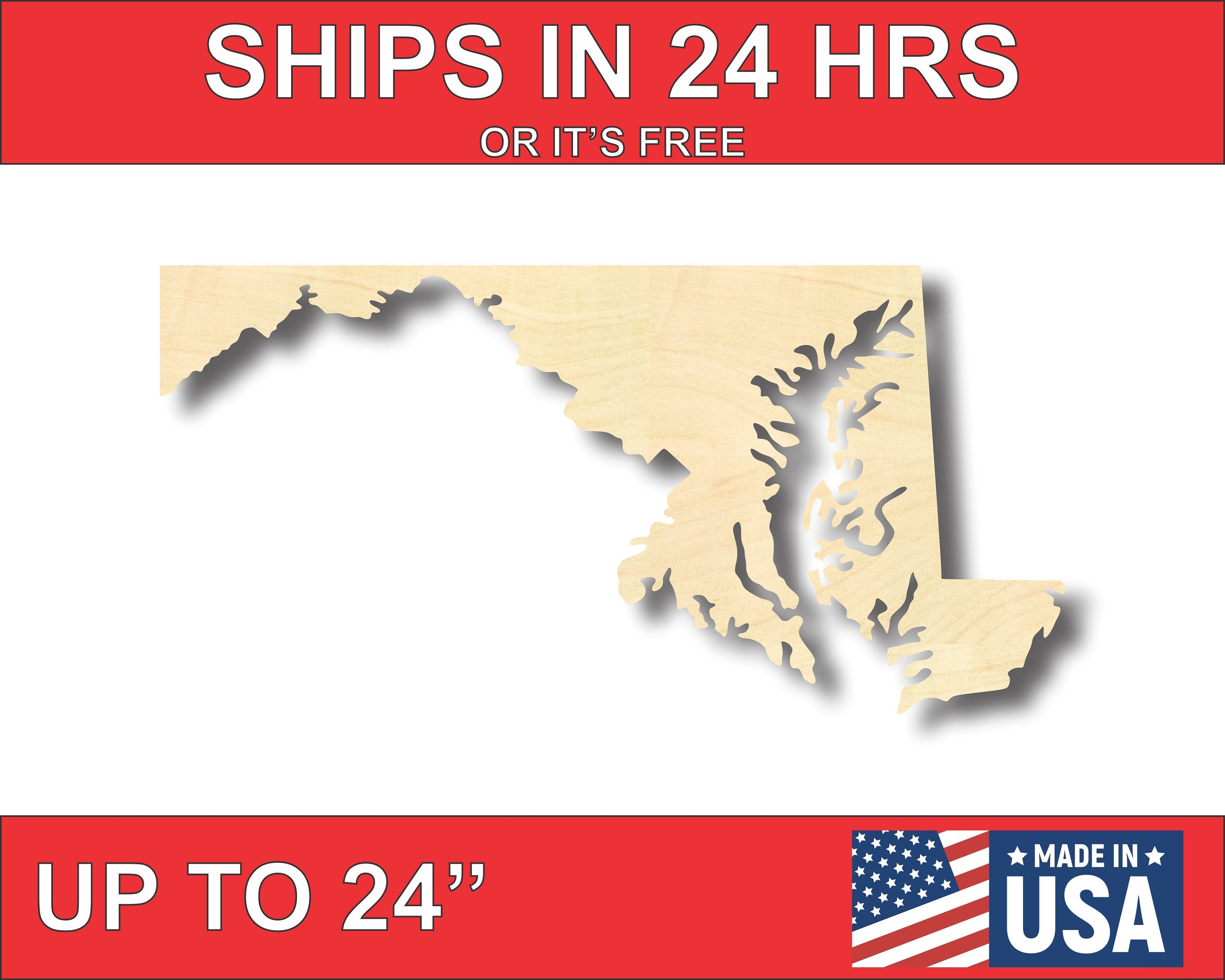 Unfinished Wooden Maryland Shape - State - Craft - up to 24"  DIY