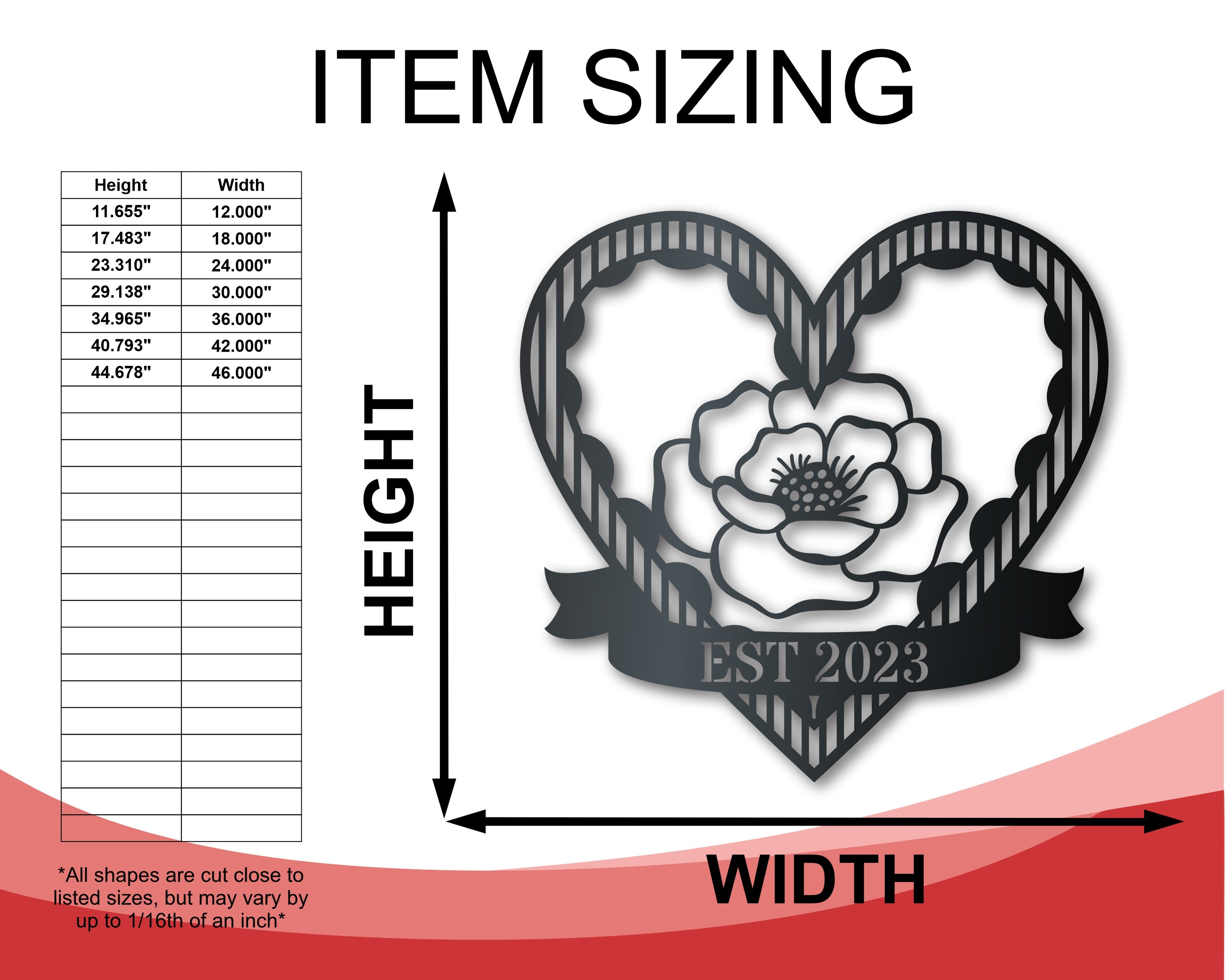 Metal Custom Rose Heart Wall Art - Custom Metal Sign - 14 Color Options