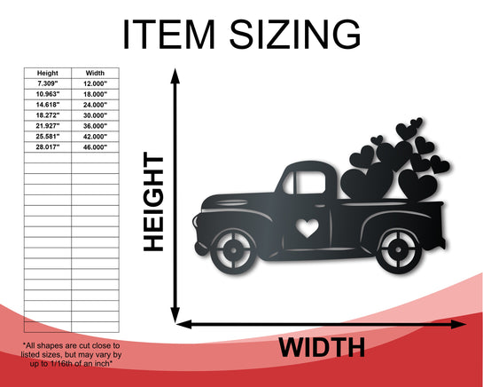 Metal Pickup Truck with Hearts Wall Art - Custom Metal Sign - 14 Color Options